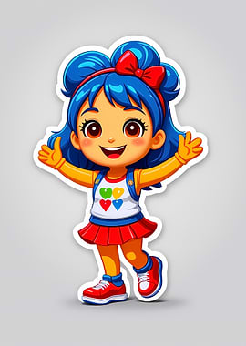 Kawaii School Girl Sticker with Blue Hair and Red Bow