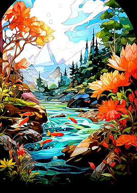 Vibrant River Landscape with Fish