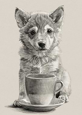Puppy with Coffee Cup Drawing