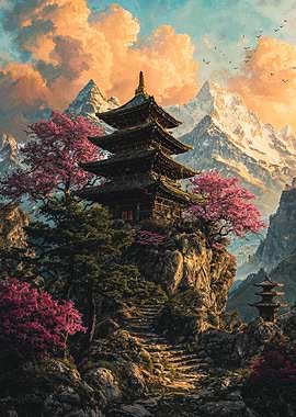 Japanese Pagoda Cherry Blossom Landscape