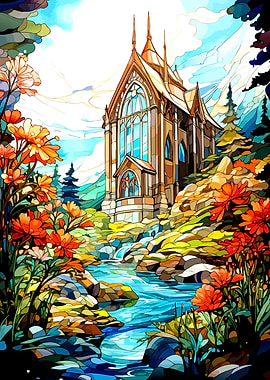 Stained Glass Style Chapel Landscape