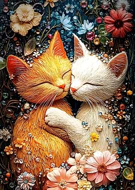 Embracing Cats in Floral Garden