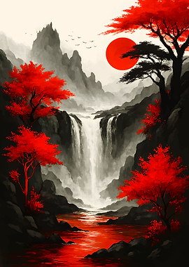 Japanese Waterfall Landscape with Red Trees
