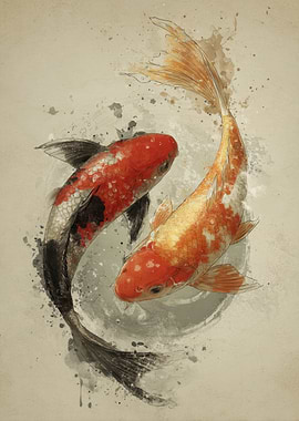 Yin Yang Koi Fish Watercolor Style