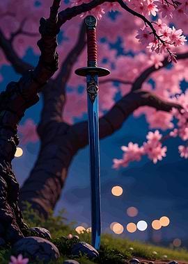 Katana under Cherry Blossom Tree