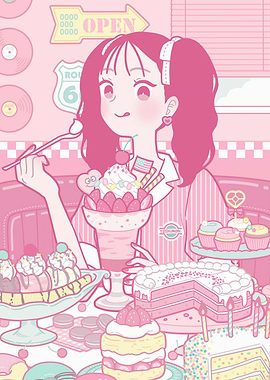 Pink Dessert Diner Illustration with Anime Girl