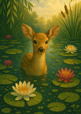 Fawn in Lily Pond