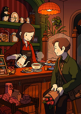 Cozy Cafe Scene with Tea and Flowers