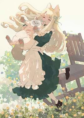Anime Girl with Cat in Garden