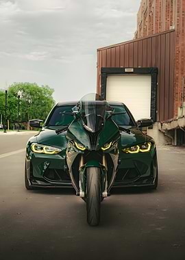 Green BMW M4 and BMW S1000RR
