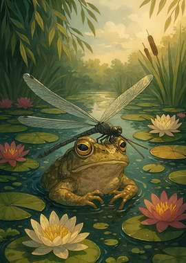 Frog and Dragonfly in Lily Pond