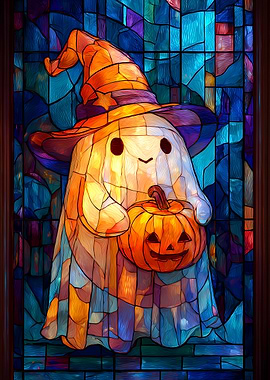 Stained Glass Halloween Ghost Wizard with Pumpkin