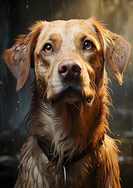 Wet Golden Retriever Portrait in Rain