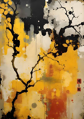 Abstract Tree Painting with Yellow Accents