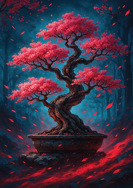 Bonsai Tree with Red Leaves
