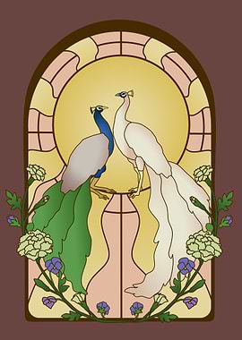 Peacock Lovers Stained Glass Art Nouveau Inspired