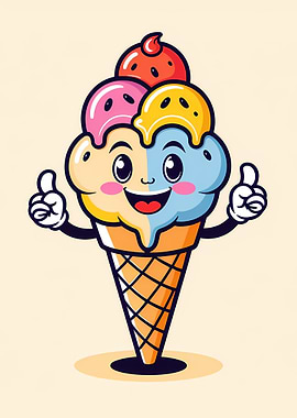 Kawaii Ice-Cream Cone Mascot with Rainbow Scoops
