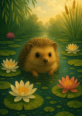Hedgehog in a Lily Pond
