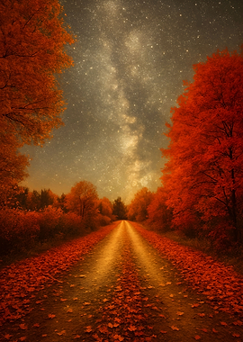 Autumn Road Under Starry Night Sky