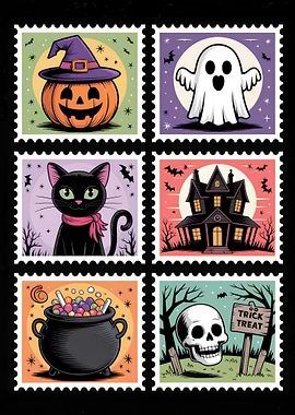 Halloween themed postage stamps illustration