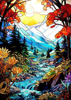 Stained Glass Mountain River Landscape