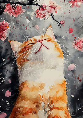 Watercolor Cat with Cherry Blossoms