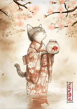 Cat in Kimono with Goldfish