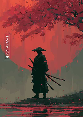Silhouette of a Samurai in Red Landscape