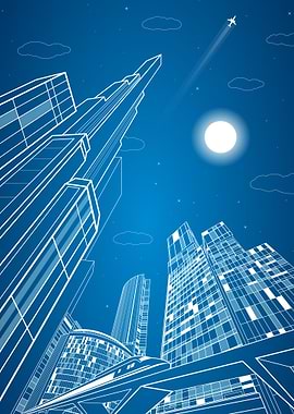 Cityscape Blueprint with Train and Airplane