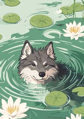 Wolf in Pond with Lily Pads