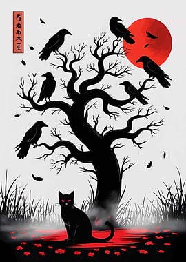 Black Cat and Crows Under Red Moon