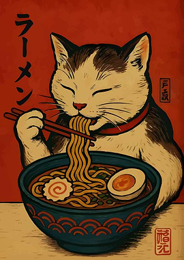 Cat eating ramen illustration