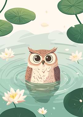 Owl in a Pond Illustration