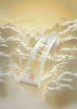 Asian Landscape with Scroll and Text