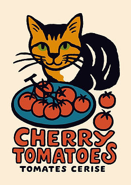 Cat with Cherry Tomatoes Illustration