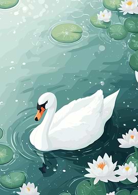 Swan in Pond with Lily Pads