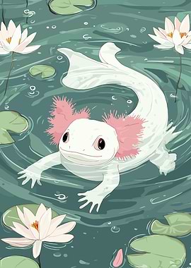 Axolotl in Lily Pond Illustration