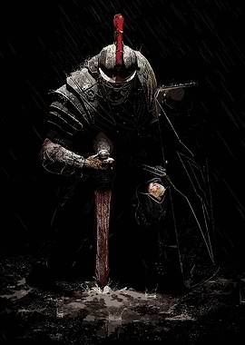 Warrior Kneeling in Rain with Sword