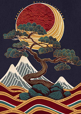Japanese Landscape with Bonsai Tree Art