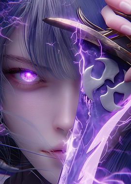 Anime Girl with Sword and Purple Lightning
