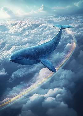 Whale flying through clouds with rainbow