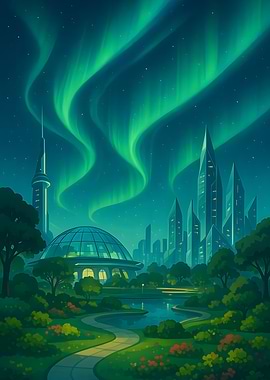 Futuristic Cityscape with Aurora Borealis