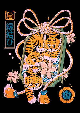 Three Tigers in Japanese Amulet