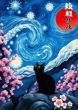 Black Cat Starry Night Cherry Blossoms