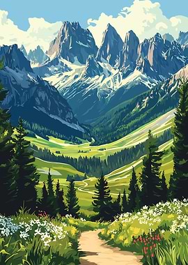 Mountain Valley Landscape with Hiking Trail