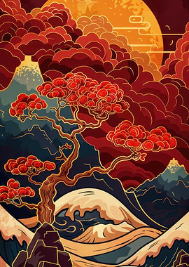 Burgundy Japanese Landscape Kintsugi Art Print