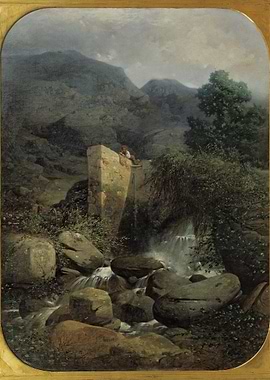Mountain Stream with Figure on Bridge