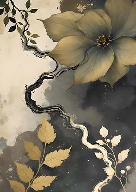 Floral Abstract with Gold and Black