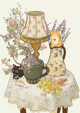 Cats and Flowers Still Life