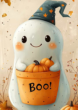 Cute Halloween Ghost with Pumpkins